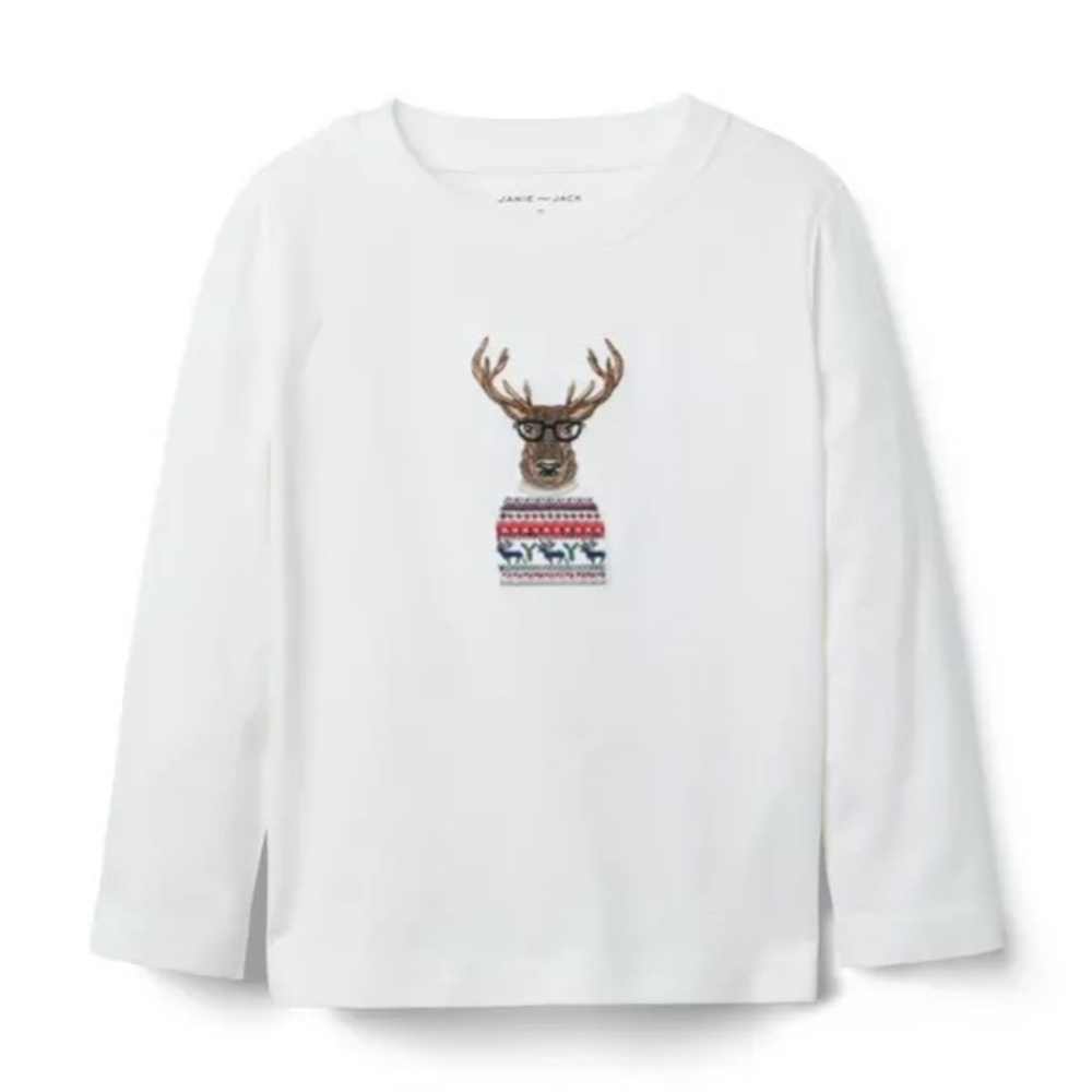 NEW Janie and Jack White Long Sleeve Tee with Deer Graphic Size 8